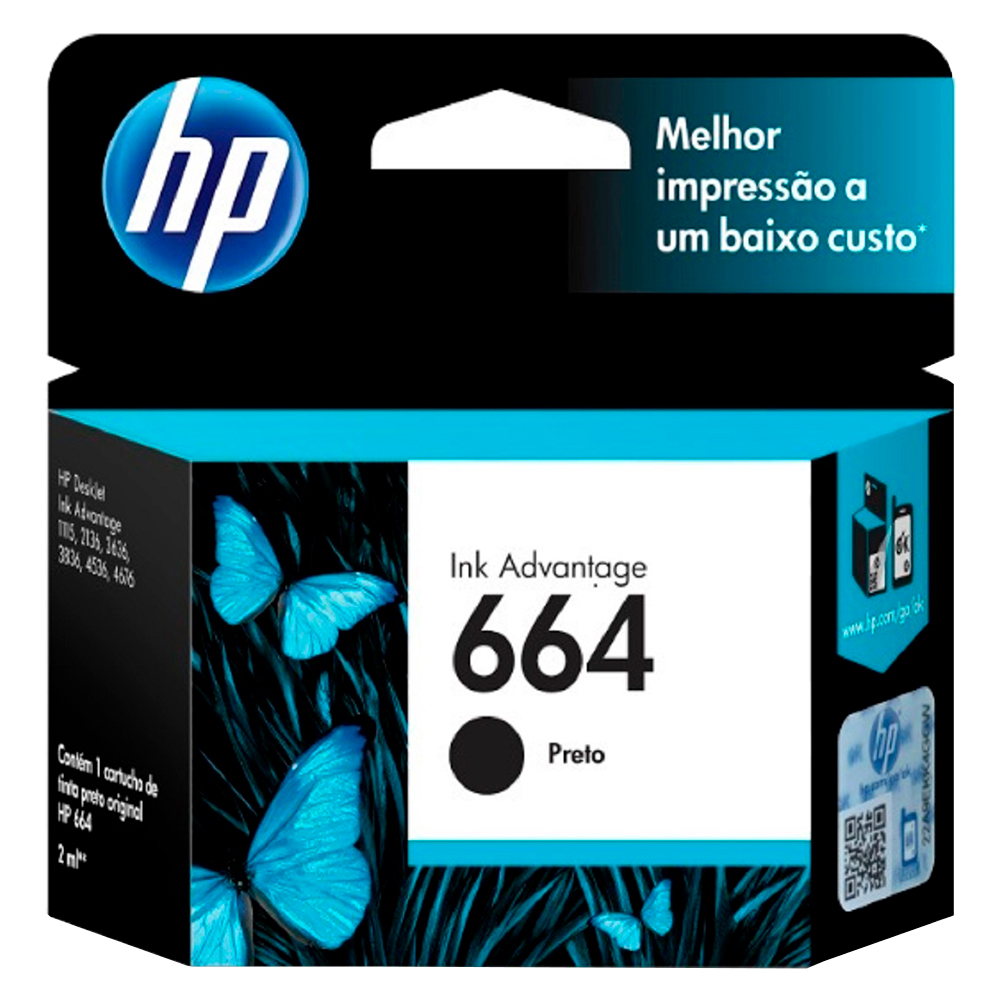 Cartucho de Tinta HP Preto NÂº664 Original até 480 Páginas F6V29AB