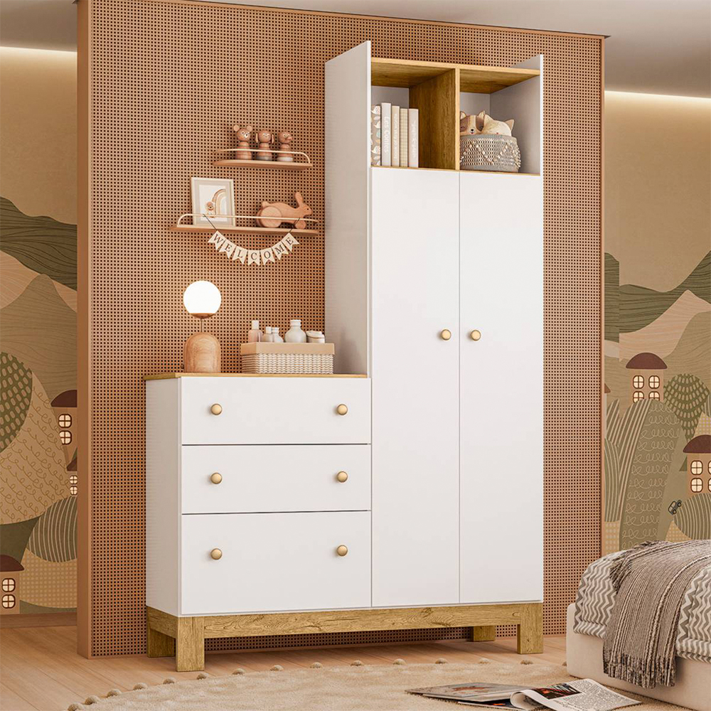 Guarda-Roupa Infantil 2 Portas Bater 3 Gavetas Fantasia Qmovi