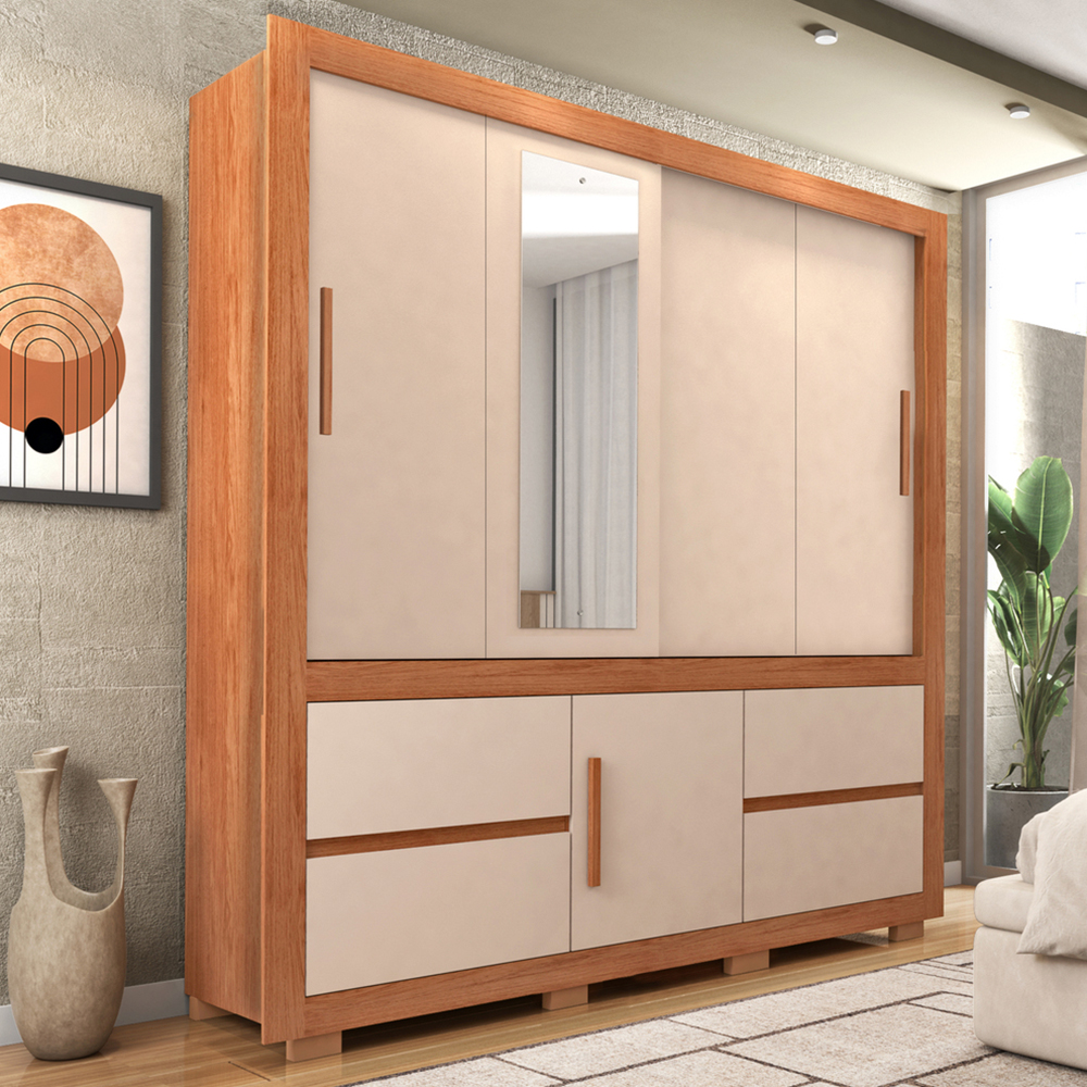 Guarda-Roupa Casal 3 Portas Correr com Espelho 4 Gavetas Optimus Lux Caemmun