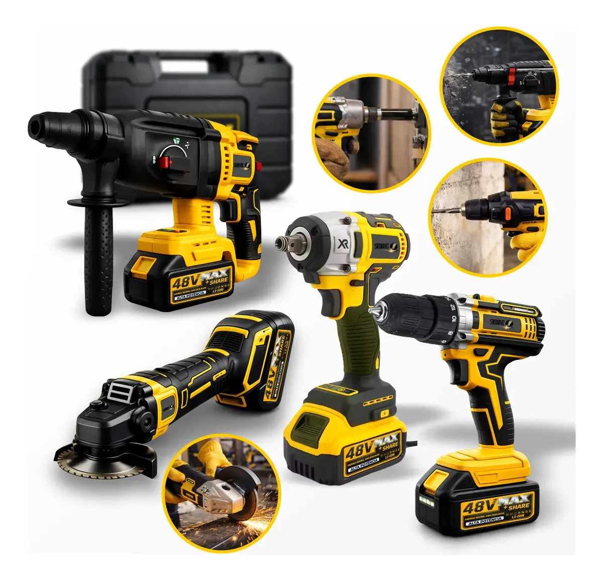 Kit Multi Ferramentas 4 Em 1 48v Sem Fio Com 2 Baterias Furadeira Parafusadeira Martelete Esmerilhadeira Chave De Impacto Com Maleta Alta PotÑªncia Uso Profissional E Doméstico Simake